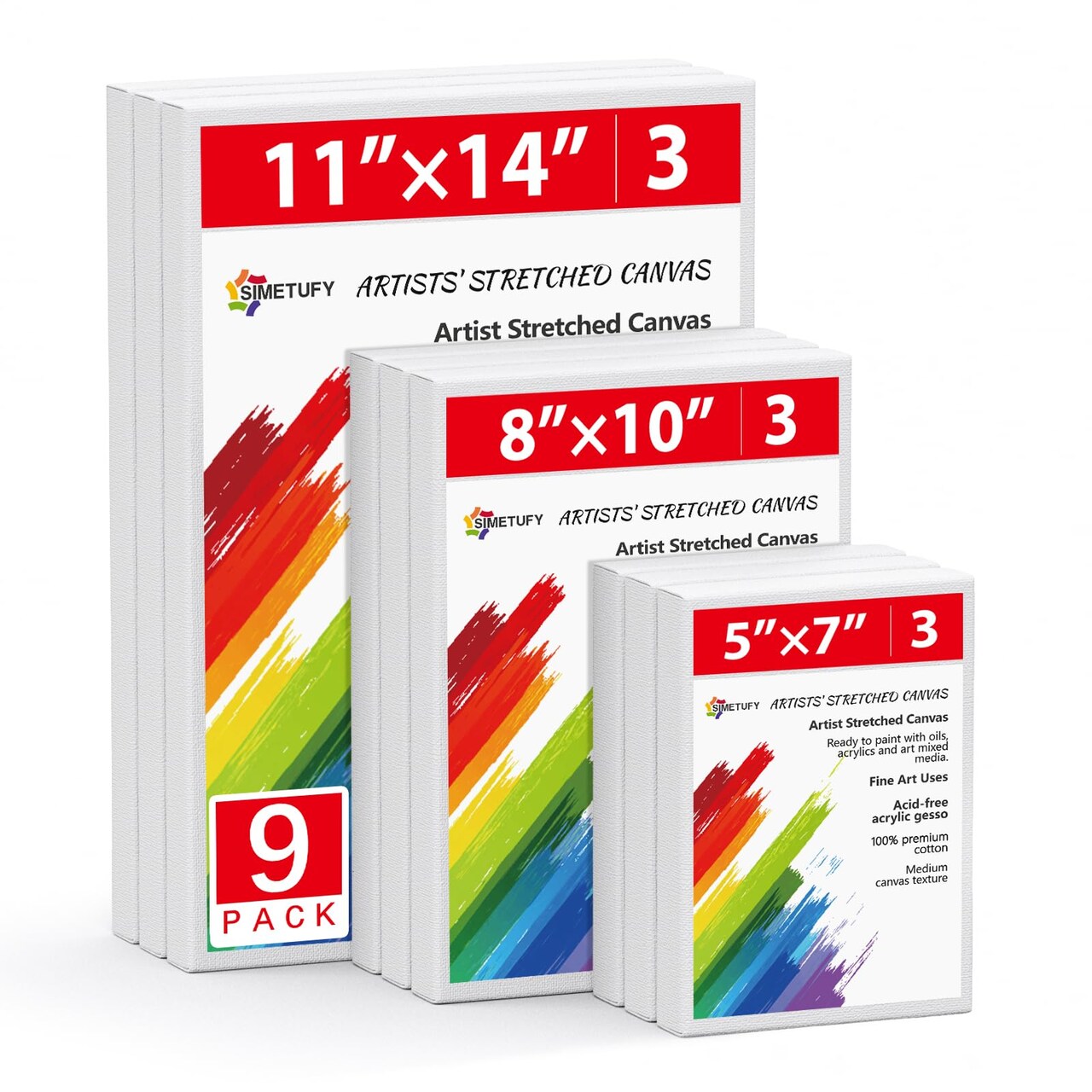 9 Sets Stretched Canvas for Painting, Multi Pack 5x7, 8x10, 11x14, Blank Artist Canvases Frame Board, 100% Cotton for Oil Acrylic Watercolor Paint, Acid-Free for Kids & Artists